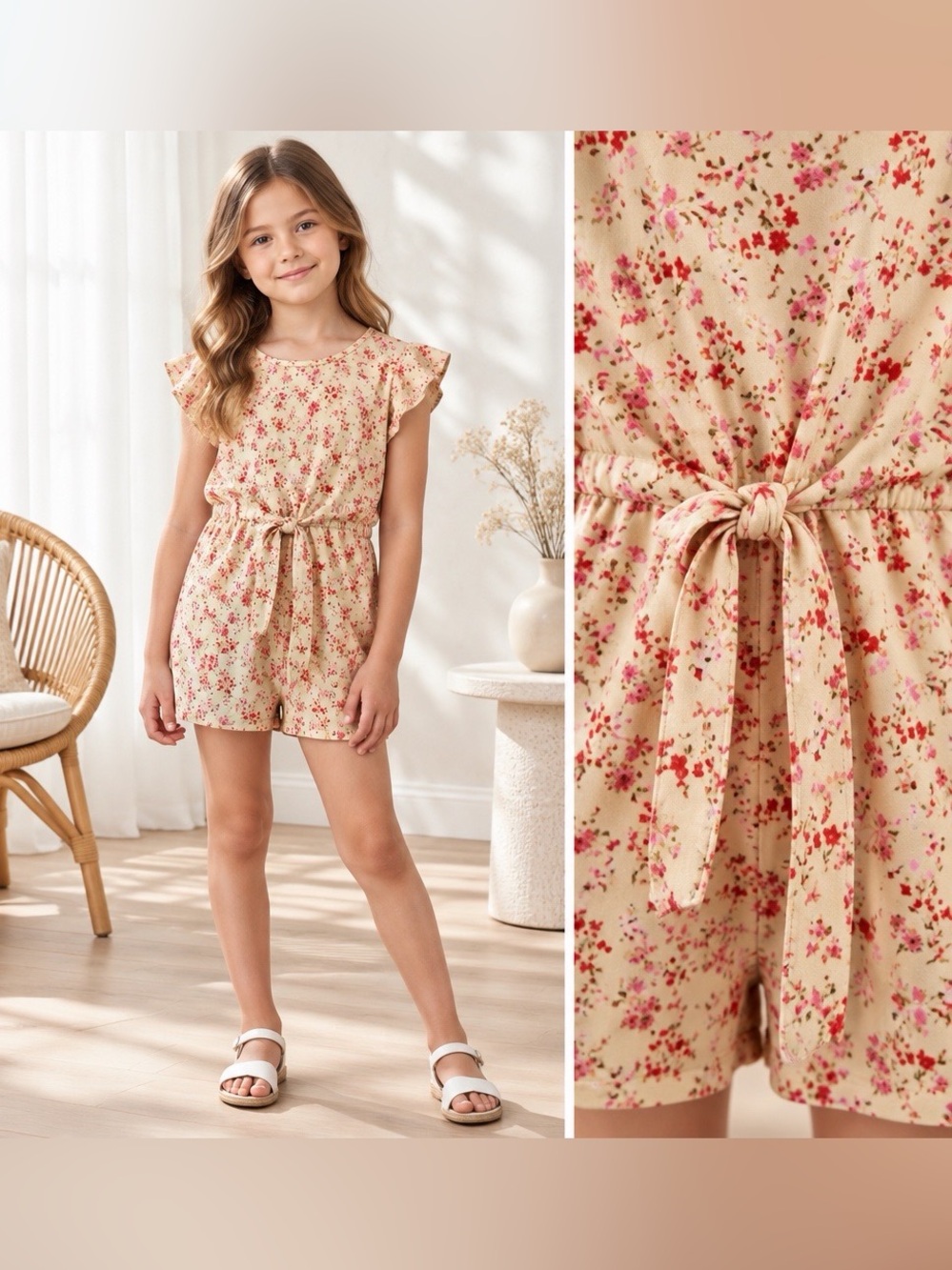 Paper Doll Girls Floral Romper Ruffle Sleeve Tie Front Size 7/8